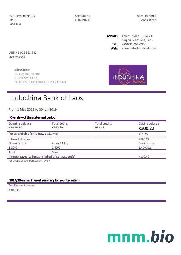 Wyciąg bankowy Laos Indochina łatwy do wypełnienia szablon w formacie Excel i PDF